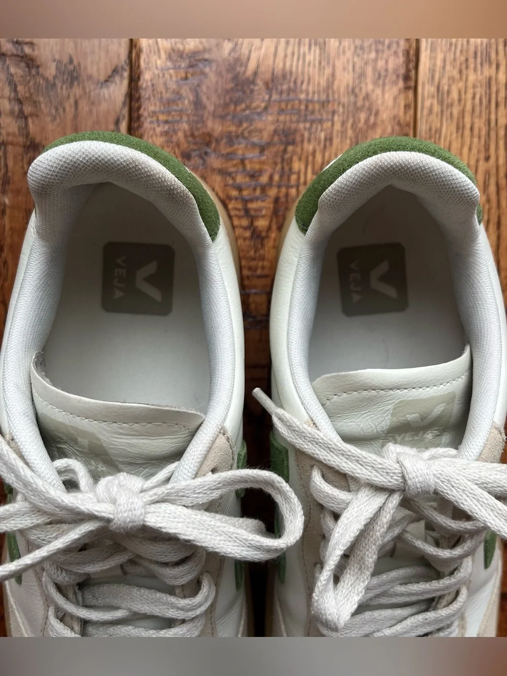 Veja V-90 Leather Sneakers in White, Almond & Kiwi